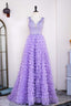 Lavender Plunging V Neck Appliques Layers Long Prom Dress with Slit