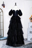 Saprkly Black Off-Shoulder Puff Sleeves Layers Long Prom Dress