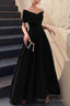 Simple V-neck Short-Sleeve Off Shoulder Long Prom Dress Black A-Line Evening Dress