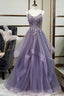 Purple Tulle A-line V-neck Spaghetti Straps Prom Dress With Lace Appliques