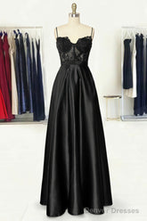 A-line Sweetheart Spaghetti Straps Long/Floor-Length Satin Prom Dresses With Appliqued Pockets