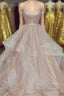 A Line Rose Gold Pleated Bodice Ruffled Long Prom Dress