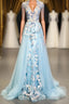 Modest Square Neckline Beading Appliques Sky Blue Long Prom Dress Pageant Gown