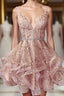 Cute Sequins Pink Homecoming Dress V-neck Beaded Short Prom Dress