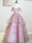 Pink Tulle Sequins Long Prom Dress, Off Shoulder Evening Dress