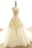 Long Champagne Strapless Tulle Lace Prom Dress, A-Line Evening Dress with Train