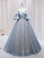 Blue Puff Sleeve Long A-Line Prom Dress, Off the Shoulder Formal Evening Dress