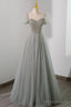 Gray Tulle Beading Long Prom Dress, A-Line Short Sleeve Evening Dress
