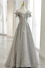 Grey Tulle Sequins Long A-Line Prom Dresses, Off the Shoulder Evening Dresses