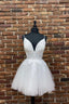 White V-Neck Tulle Lace Short Prom Dresses, Lace Evening Dresses