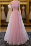 A Line Round Neck Tulle Long Prom Dress, Lace Evening Dress