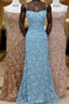 Straps Mermaid Blue Lace Appliques Long Prom Dress