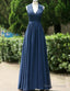 Modest A-Line Navy Blue Long Chiffon Bridesmaid Dress