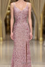 Gorgeous Mermaid V-Neck Pearl Pink Long Prom Dress with Slit