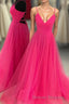 V Neck A-line Hot Pink Long Prom Dress with Lace-up Back