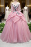 Pink V Neck Tulle Lace Applique Long Prom Dress, Pink Evening Dress, 1