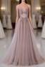 Pink V-Neckline Beaded Straps Long Party Dress, A-Line Pink Tulle Floor Length Prom Dress