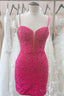 Hot Pink V Neck Straps Sequins Sheath Homecoming Dress