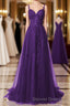 Purple A-Line Tulle Off Shoulder Long Prom Dress With Lace, Purple Evening Dress Party Dress