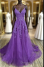 V-Neckline Purple A-Line Straps Long Prom Dress, Purple Long Evening Dress Party Dress