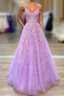 A-Line Tulle Princess Light Purple Prom Dress With Appliques, Tulle Straps Formal Dress
