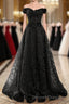 A-Line Off Shoulder Black Tulle With Lace Party Dress, Black Long Prom Dress