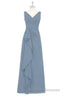 Dusty Blue V-Neck Banded Waist Ruffled Long Bridesmaid Dress