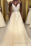 Champagne V Neck Tulle Lace Long Prom Dress Evening Dress