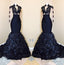 Dark Navy Mermaid Long Sleeves See Through Leaves Pleated African Prom Dresses