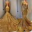 2025 Sexy Mermaid Gold V Neck Backless Long Sleeves Sequence African American Prom Dresses