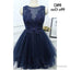 Jewel Sleeveless Appliques Beading A Line Tulle Sheer Pleated Dark Navy Homecoming Dresses