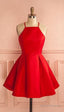 Sleeveless Red Halter Spaghetti Straps A Line Pleated Satin Short Homecoming Dresses