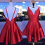 Deep V Neck Red Straps Backless Sleeveless A Line Satin Pleated Homecoming Dresses