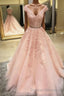 Pink Sleeveless V Neck Tulle Lace Applique Long Prom Dress