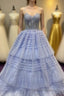 Periwinkle Lace Sweetheart Tiered Long Prom Dress with Ruffles