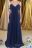 Navy Blue Chiffon Cold-Shoulder A-Line Long Bridesmaid Dress