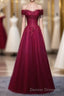 Burgundy Tulle Lace Off Shoulder Long Prom Dress, Burgundy Lace Evening Dress