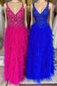 Fuchsia Layers Floral Tulle A-line Long Prom Dress