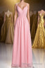 Pink Straps A-line Pleated Long Bridesmaid Dress