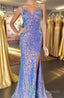 Purple Iridescent Sequin Empire Waist Lace-Up Mermaid Long Dress with Slit