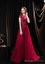 Cap Sleeves Prom Dress 2025 Beading Appliques Tulle Scoop Floor Length Burgundy Prom Dresses