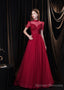 Burgundy Prom Dresses, Tulle High Neck Cap Sleeve Backless Beading Prom Dress