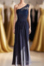 One-Shoulder Navy Blue Lace Long Bridesmaid Dress