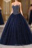 Navy Blue Ball Gown Floor Length Sweetheart Sleeveless Mid Back Prom Dress