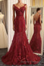 Burgundy Trumpet Sweep Train V Neck Mid Back Appliques Beading Long Prom Dress