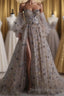 Chic Long Sweetheart Front Split Star Prom Dress With Sleeves