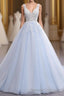 Ball Gown Chapel Train V Neck Sleeveless Backless Appliques Prom Dress
