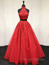 2 Pieces Pink Red Lace Prom Dress, Two Pieces Pink Red Tulle Lace Formal Evening Dress