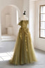 Green Tulle Long Prom Dresses, A-Line Off the Shoulder Evening Dresses
