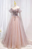 Pink Tulle Beaded Long Prom Dress, Off the Shoulder Evening Dress